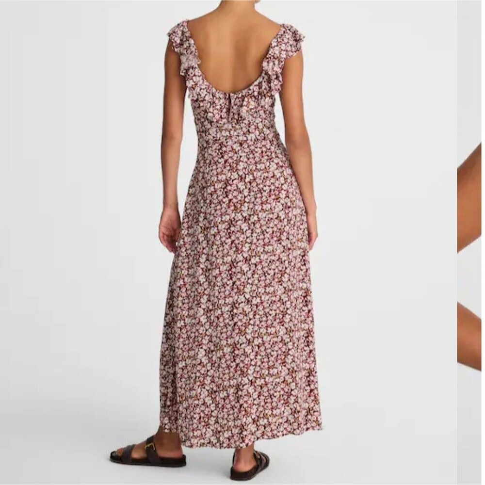 Madewell Women's Emma Floral Burgundy Ruffled Scoopneck Maxi Dress Size 10 - Picture 2 of 8